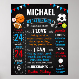 All Sport Balls First Birthday chalkboard ポスター