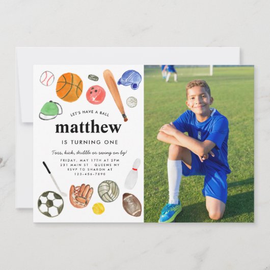 All Star Sports Ballsチームキッドボーイフォト誕生日 招待状 (正面)