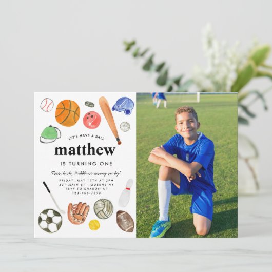All Star Sports Ballsチームキッドボーイフォト誕生日 招待状 (スタンド正面)