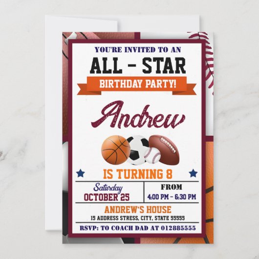 All Star Sports Birthday Partyへの招待 招待状 (正面)