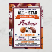 All Star Sports Birthday Partyへの招待 招待状 (正面/裏面)