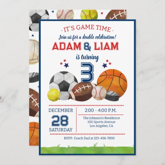 All Star Sports Twin Birthday  Party 招待状 (正面/裏面)