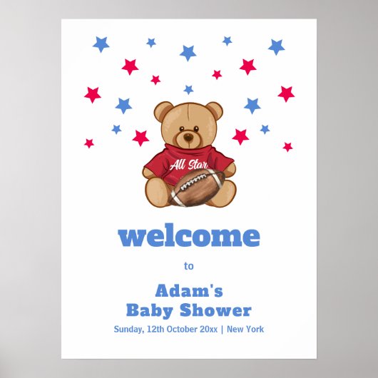 All Star Teddy Bear Football Baby Shower Welcome ポスター (正面)