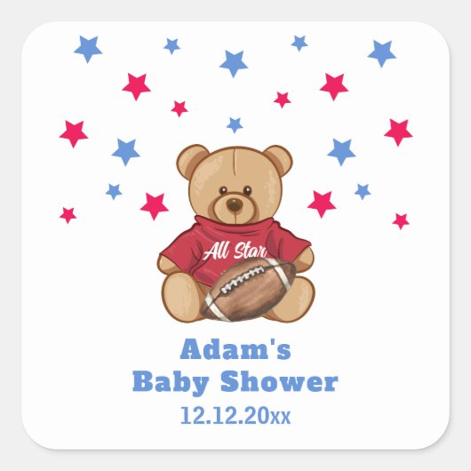 All Star Teddy Bear Football Sport Baby Shower スクエアシール (正面)
