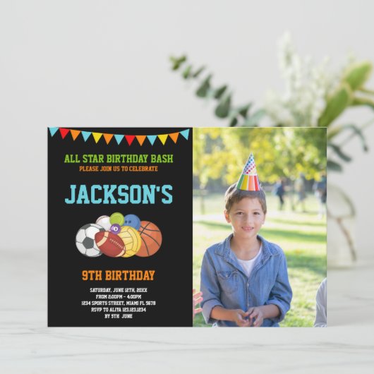 All Stars Black Sportsパーティー誕生日と写真 招待状 (スタンド正面)