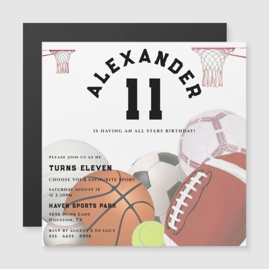 All Stars Kids Birthday Party マグネット招待状 (正面/裏面)