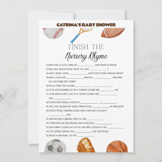 All Stars Sports Baby Shower – 編集可能な名前、5 x 7 招待状 (正面)