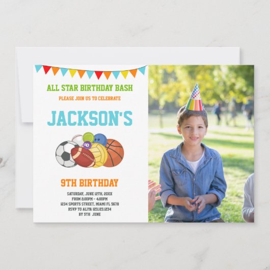 All Stars White Sportsパーティー誕生日と写真 招待状 (正面)