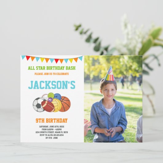 All Stars White Sportsパーティー誕生日と写真 招待状 (スタンド正面)