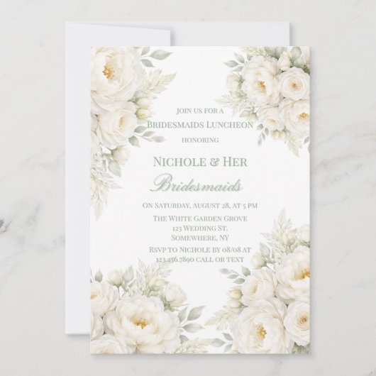 All White Floral Bridesmaids Luncheon 招待状 (正面)