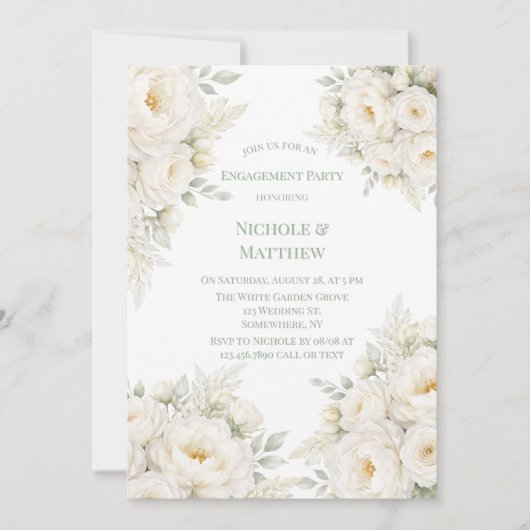 All White Floral Engagement Party 招待状 (正面)