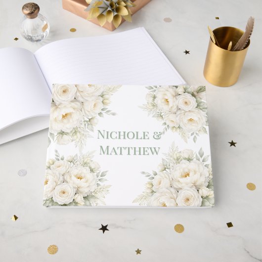 All White Floral Wedding ゲストブック (正面見開き)