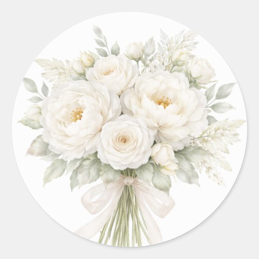 All White Floral Wedding ラウンドシール (正面)