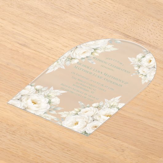 All White Floral Wedding Celebration アクリル招待状 (レイダウン)