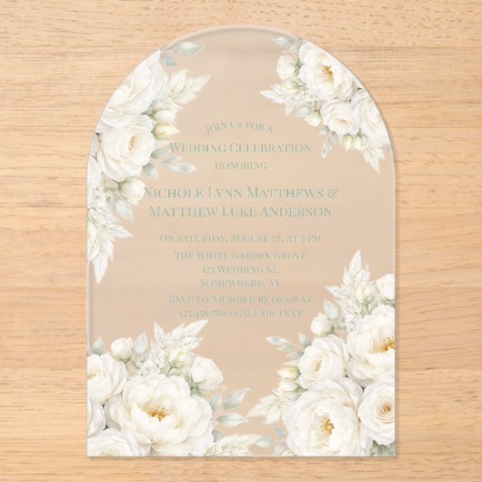 All White Floral Wedding Celebration アクリル招待状 (正面)