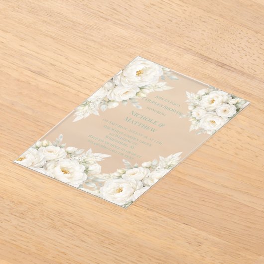All White Floral Wedding Couples Shower アクリル招待状 (レイダウン)