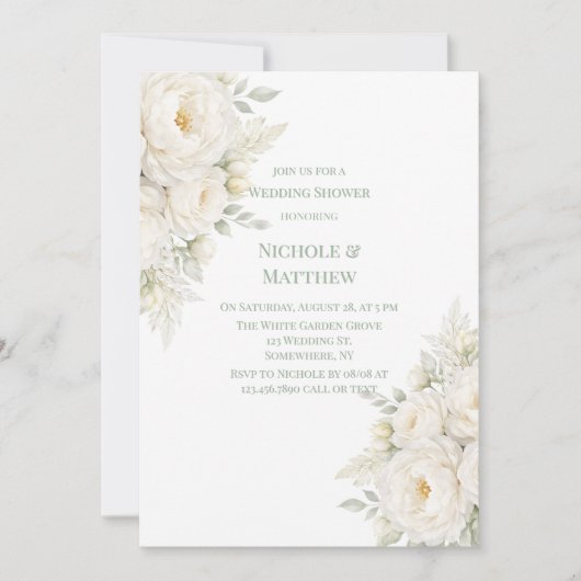 All White Floral Wedding Shower 招待状 (正面)