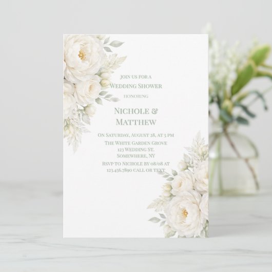 All White Floral Wedding Shower 招待状 (スタンド正面)