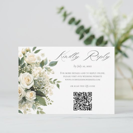 All White Hydrangeas Roses Wedding Website QR Code 出欠カード (スタンド正面)