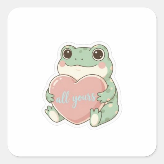 All Yours Frog Sticker Cute Frog Hugging Heart Kaw スクエアシール (正面)