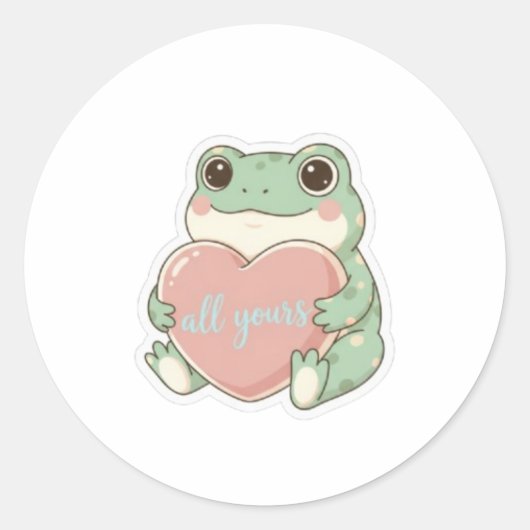 All Yours Frog Sticker Cute Frog Hugging Heart Kaw ラウンドシール (正面)