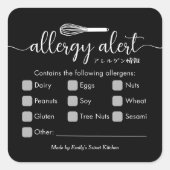 Allergy Alert Allergens Warning Black Whisk スクエアシール (正面)