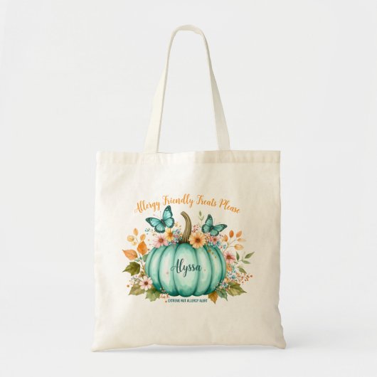 Allergy Alert Teal Pumpkin Flowers Butterfly Girl トートバッグ (正面)