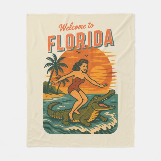 Alligator Surfing Beach Pin-up | Retro Coastal Art フリースブランケット (正面)