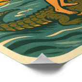 Alligator Surfing Beach Pin-up | Retro Coastal Art ポスター (角)