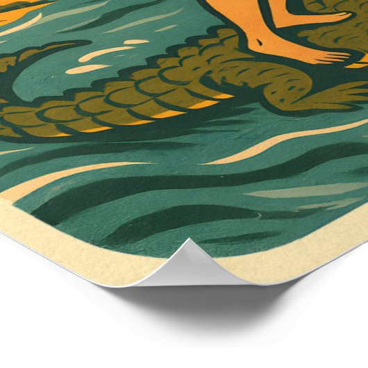 Alligator Surfing Beach Pin-up | Retro Coastal Art ポスター (角)