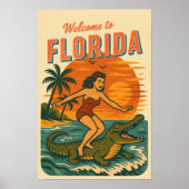 Alligator Surfing Beach Pin-up | Retro Coastal Art ポスター (正面)