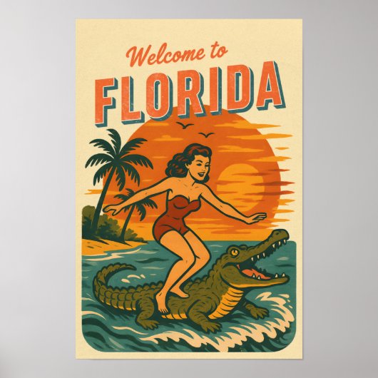 Alligator Surfing Beach Pin-up | Retro Coastal Art ポスター (正面)