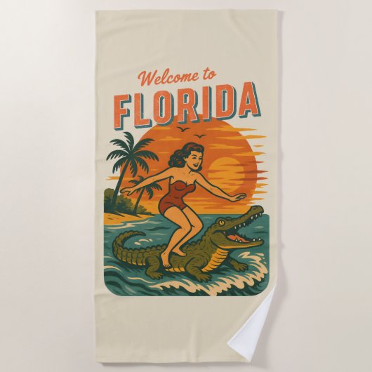 Alligator Surfing Beach Pin-up Retro Coastal Gator ビーチタオル (正面)