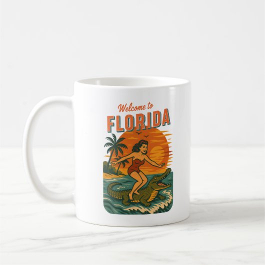 Alligator Surfing Beach Pin-up Retro Coastal Life コーヒーマグカップ (左)