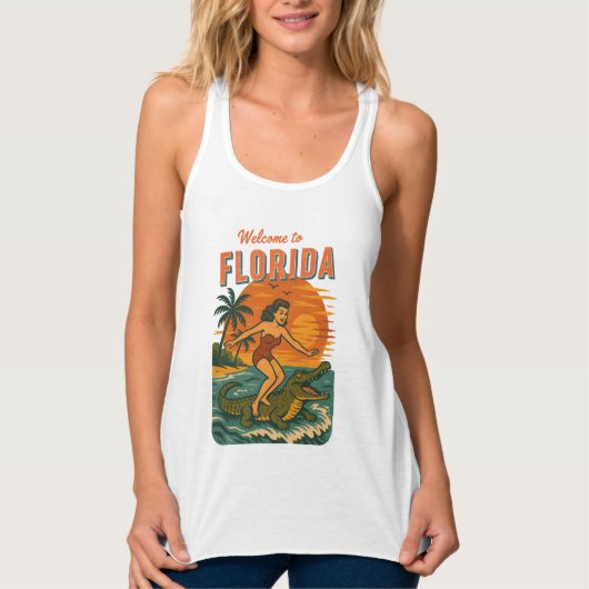 Alligator Surfing Beach Pin-up Retro Coastal Life タンクトップ (正面)