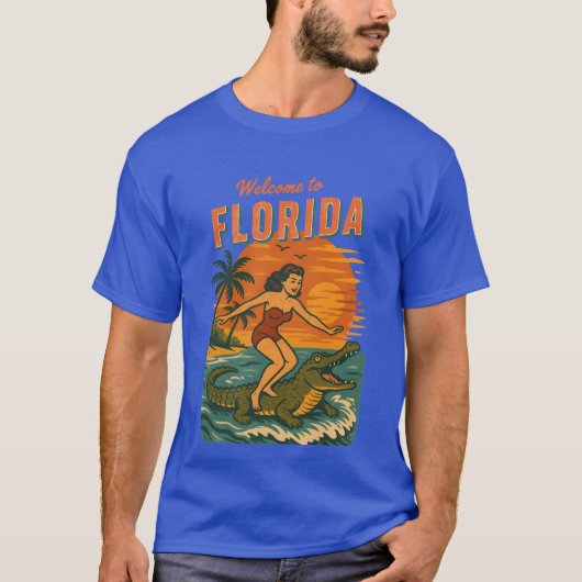Alligator Surfing Beach Pin-up Retro Coastal Life Tシャツ (正面)