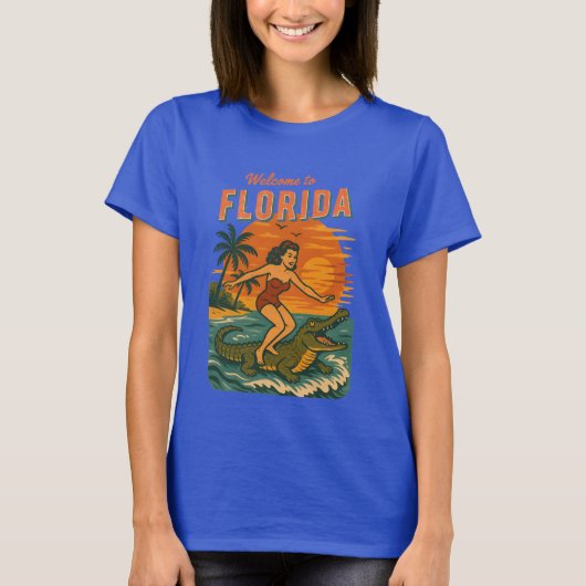 Alligator Surfing Beach Pin-up Retro Coastal Life Tシャツ (正面)