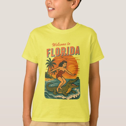 Alligator Surfing Beach Pin-up Retro Coastal Life Tシャツ (正面)