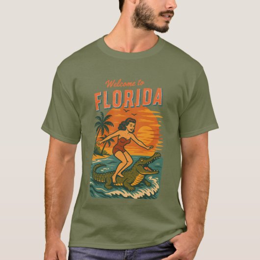 Alligator Surfing Coastal Life Graphic Retro Surf Tシャツ (正面)