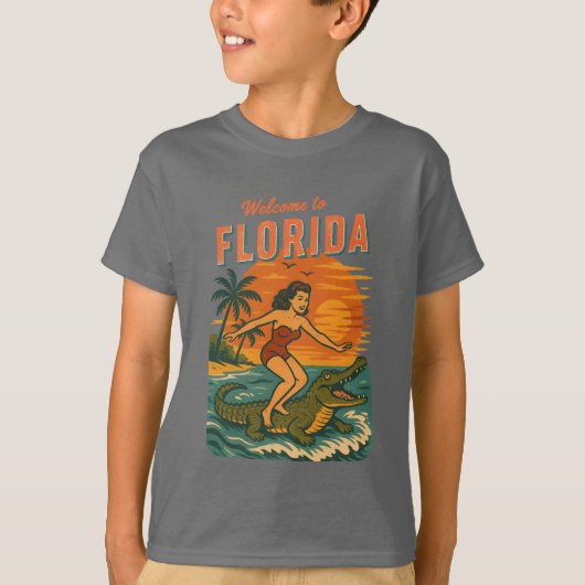 Alligator Surfing Coastal Life Graphic Retro Surf Tシャツ (正面)