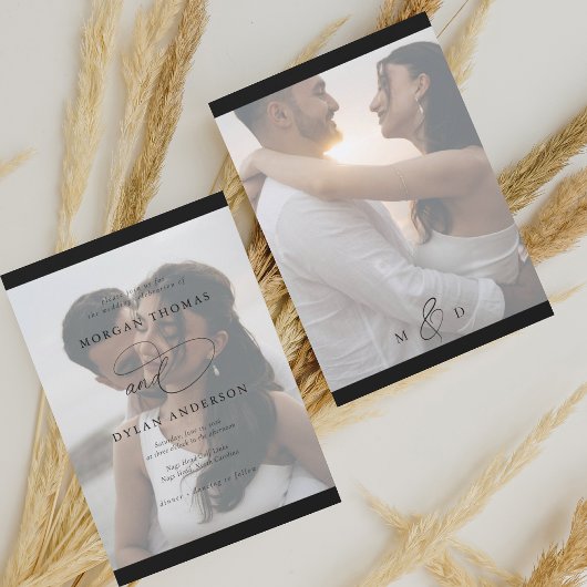 Allure書道フォトブラック&ホワイト結婚ズ 招待状