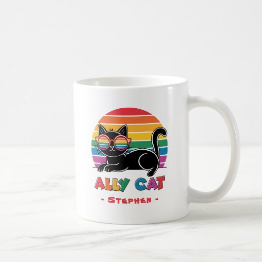 Ally Cat - Black Cat with Rainbow Sunglasses LGBTQ コーヒーマグカップ (右)