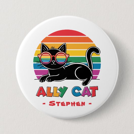 Ally Cat - Black Cat with Rainbow Sunglasses LGBTQ 缶バッジ (正面)