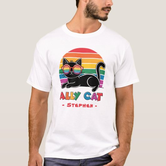 Ally Cat - Black Cat with Rainbow Sunglasses LGBTQ Tシャツ (正面)