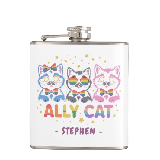 Ally Cat - Cute カラフル Cat LGBTQプライド フラスク (正面)