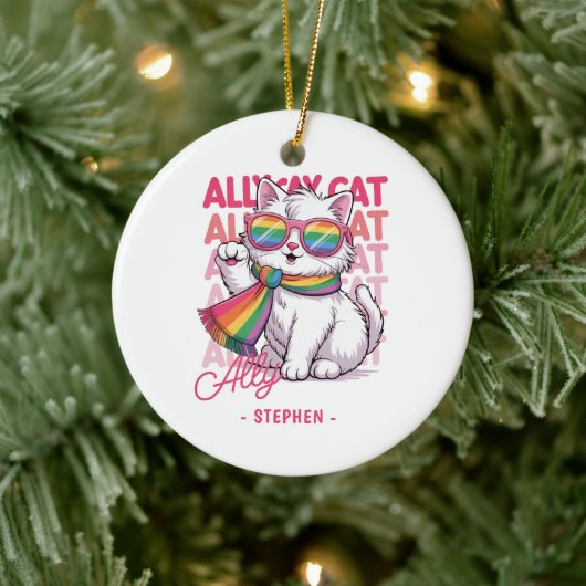 Ally Cat - Cute White Cat LGBTQプライド セラミックオーナメント (ツリー)