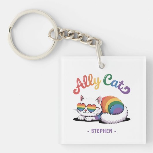 Ally Cat - Cute White Cat LGBTQプライド(2) キーホルダー (正面)