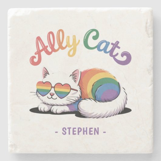 Ally Cat - Cute White Cat LGBTQプライド(2) ストーンコースター (正面)