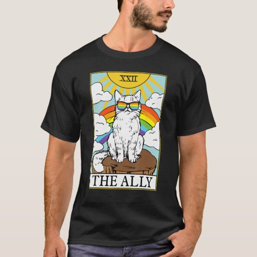 Ally Cat Gay Pride Pride Sunglasses Cat Tarot Card Tシャツ (正面)