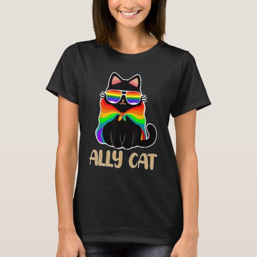 Ally Cat LGBT Gay Rainbow Pride Flag Boys Men Girl Tシャツ (正面)